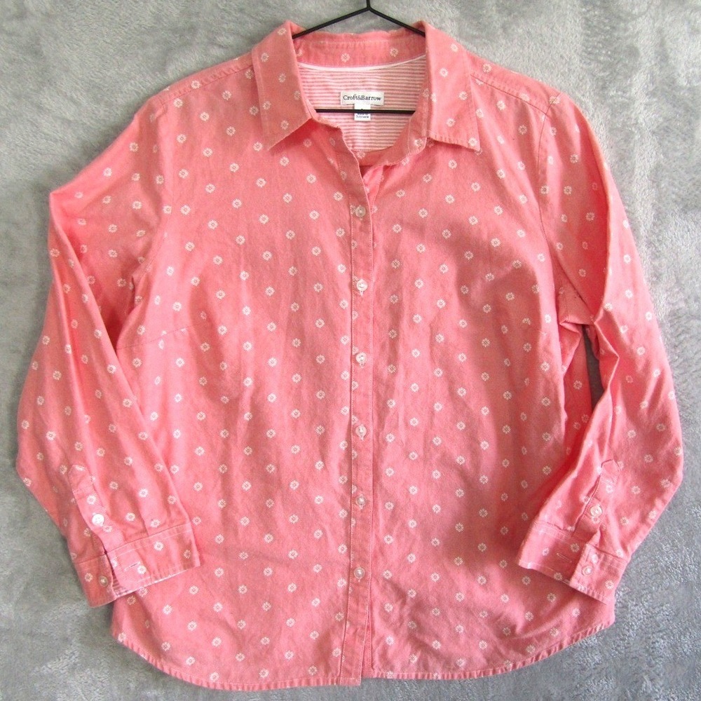 Croft & Barrow Coral Floral Print Button Up Shirt Women's Long Sleeve Cotton